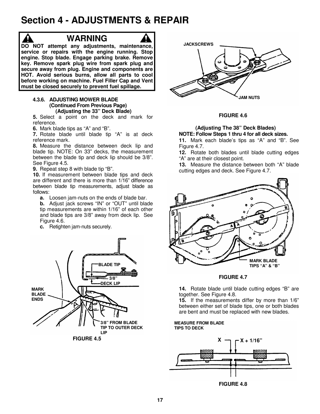 Snapper YZ145333BVE, YZ145383BVE important safety instructions Adjusting the 33 Deck Blade, + 1/16 