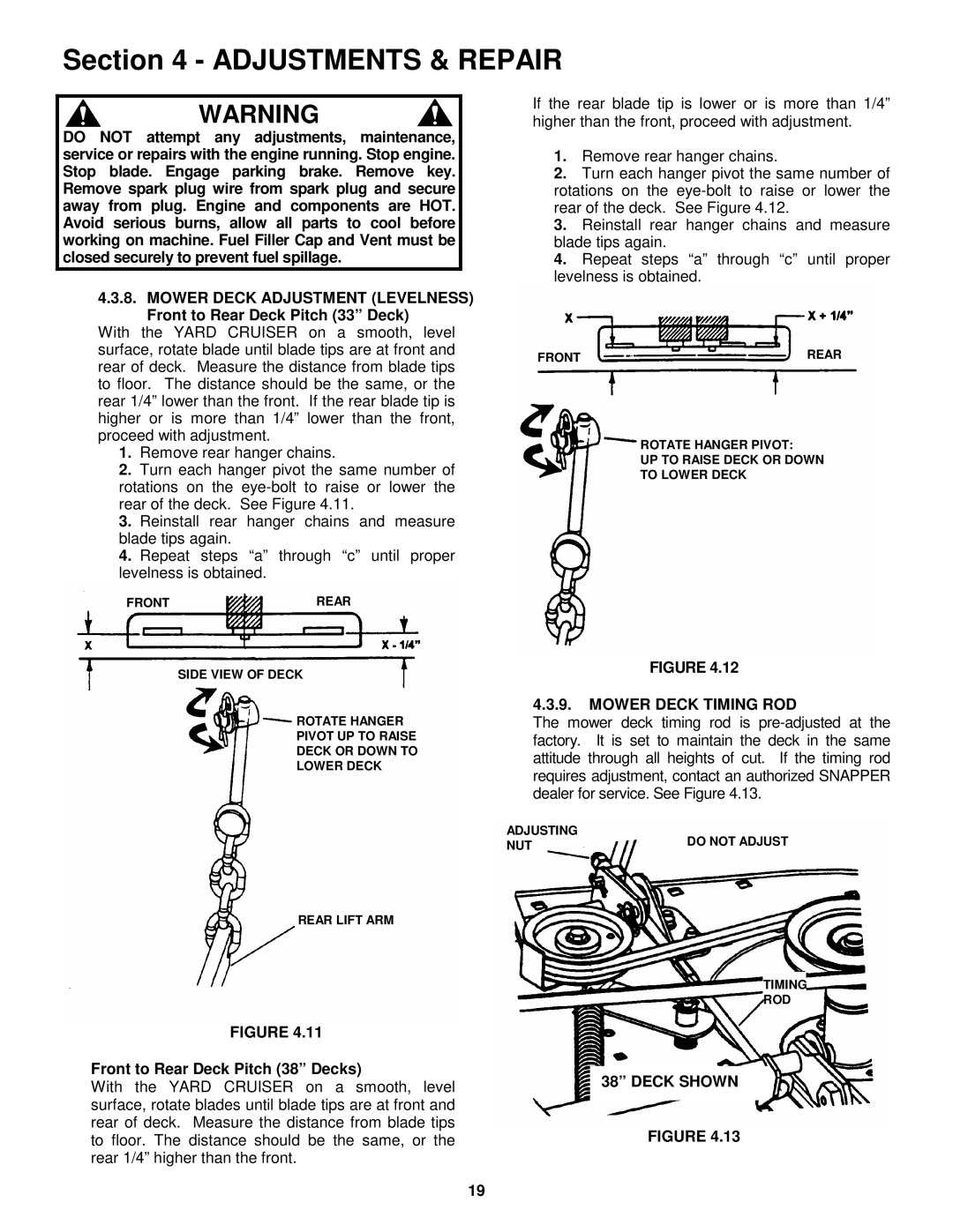 Snapper YZ145333BVE, YZ145383BVE important safety instructions Front to Rear Deck Pitch 38 Decks, Mower Deck Timing ROD 