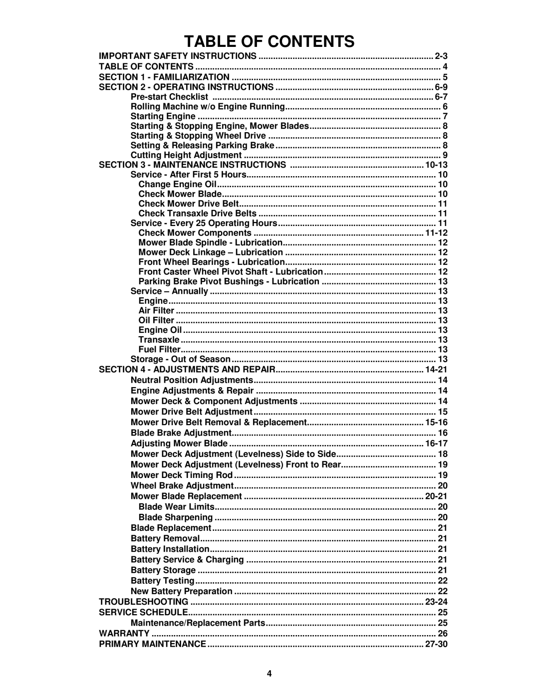 Snapper YZ145333BVE, YZ145383BVE important safety instructions Table of Contents 