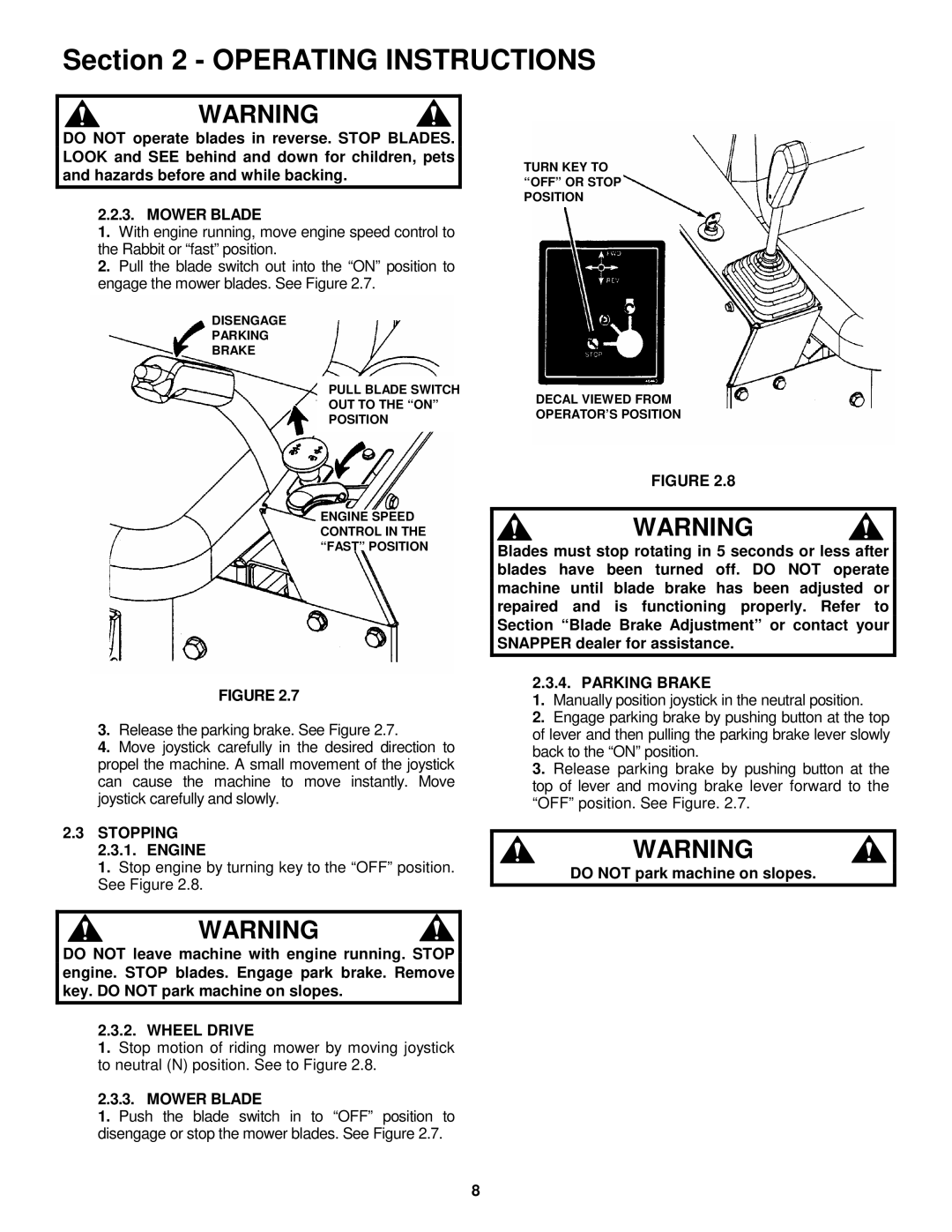 Snapper YZ145333BVE, YZ145383BVE important safety instructions Mower Blade, Stopping, Engine, Parking Brake, Wheel Drive 