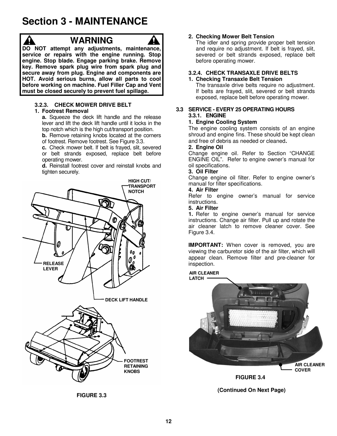 Snapper YZ15384BVE, YZ15334BVE Checking Mower Belt Tension, Service Every 25 Operating Hours, Engine Engine Cooling System 