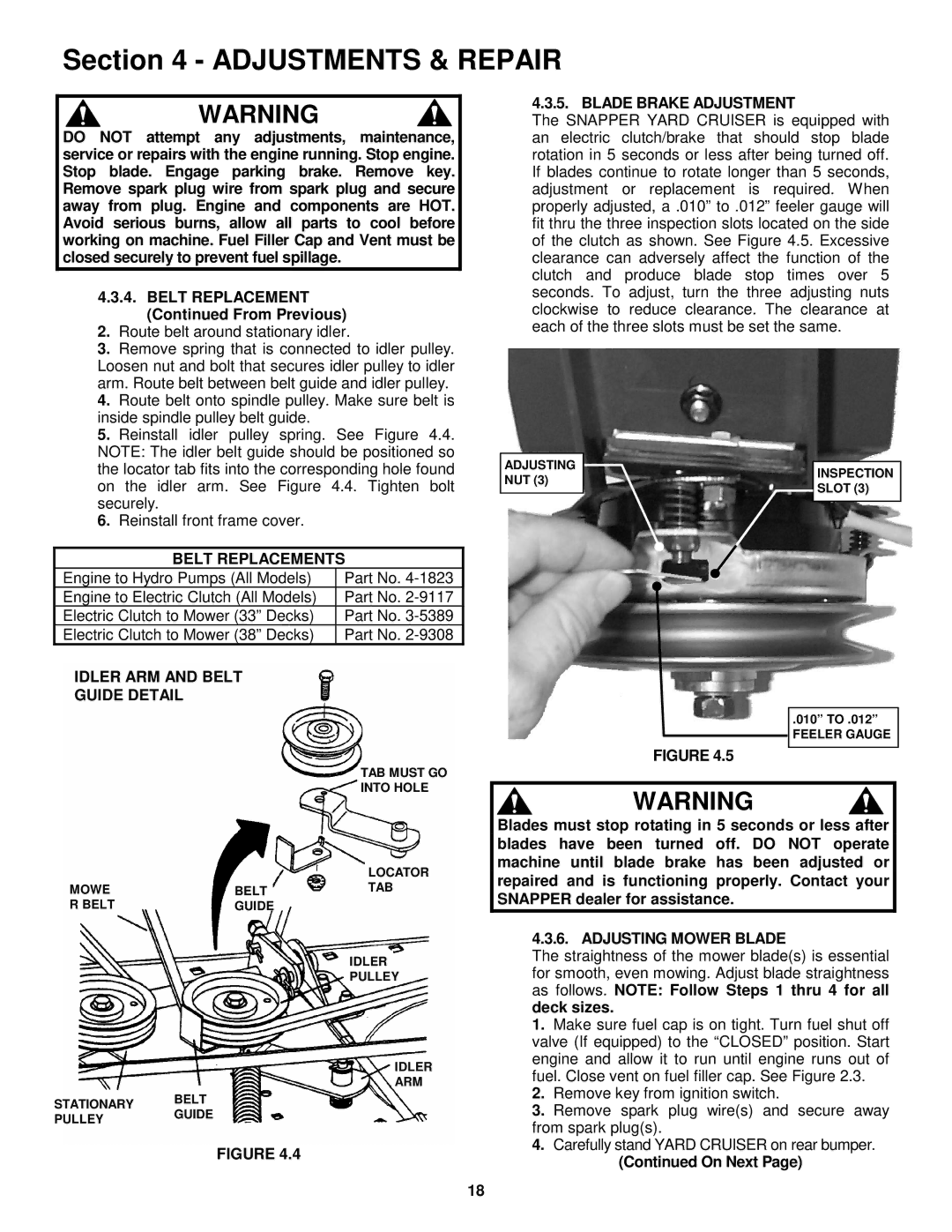 Snapper YZ15384BVE, YZ15334BVE From Previous, Blade Brake Adjustment, Belt Replacements, Idler ARM and Belt Guide Detail 