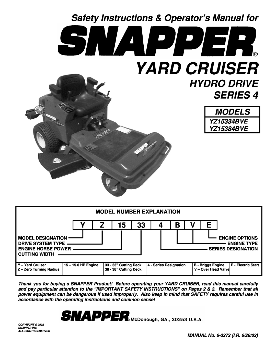 Snapper YZ15384BVE, YZ15334BVE important safety instructions Safety Instructions & Operator’s Manual for, Yard Cruiser 