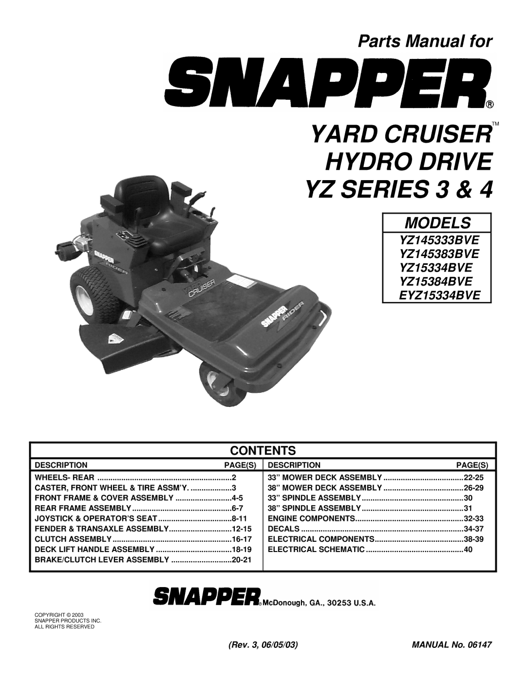 Snapper YZ145333BVE, YZ15384BVE, YZ15334BVE, YZ145383BVE manual Yard Cruisertm Hydro Drive YZ Series 3, Contents 