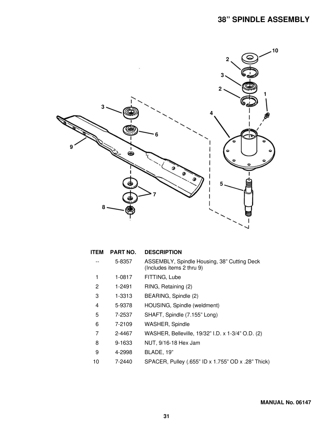 Snapper YZ145383BVE, YZ15384BVE, YZ145333BVE, YZ15334BVE manual Spindle Assembly 