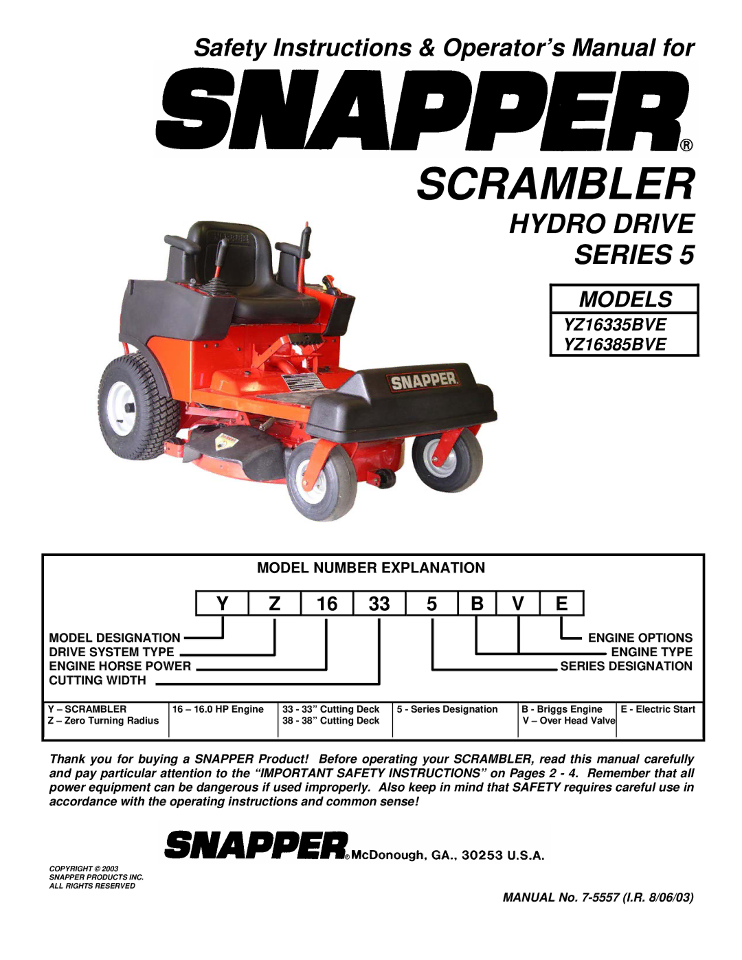 Snapper YZ16385BVE, YZ16385BVE, YZ16335BVE, YZ16385BVE important safety instructions Scrambler, Model Number Explanation 