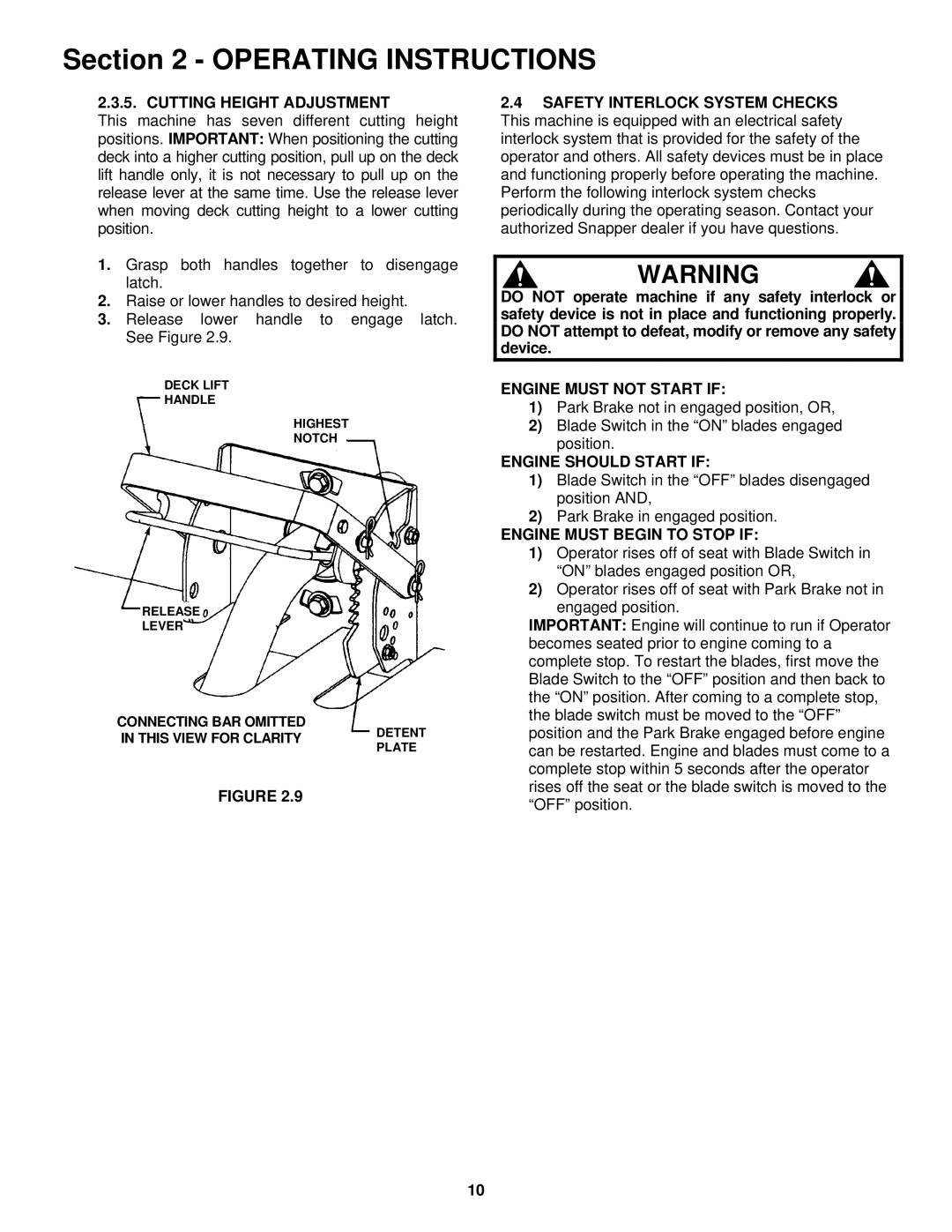 Snapper YZ16335BVE, YZ16385BVE Cutting Height Adjustment, Engine Must not Start if, Engine should Start if 