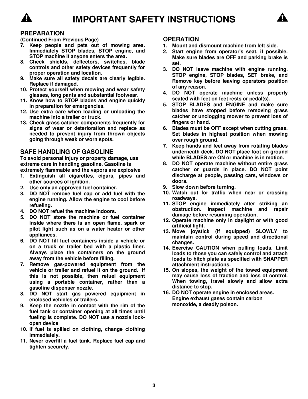 Snapper YZ16385BVE, YZ16385BVE, YZ16335BVE, YZ16385BVE important safety instructions Safe Handling of Gasoline, Operation 