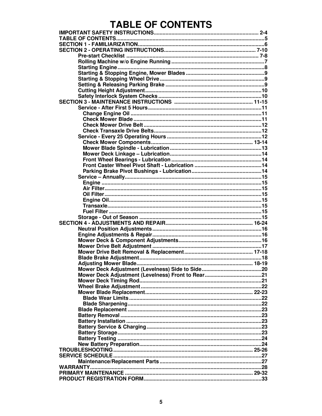 Snapper YZ16385BVE, YZ16385BVE, YZ16335BVE, YZ16385BVE important safety instructions Table of Contents 