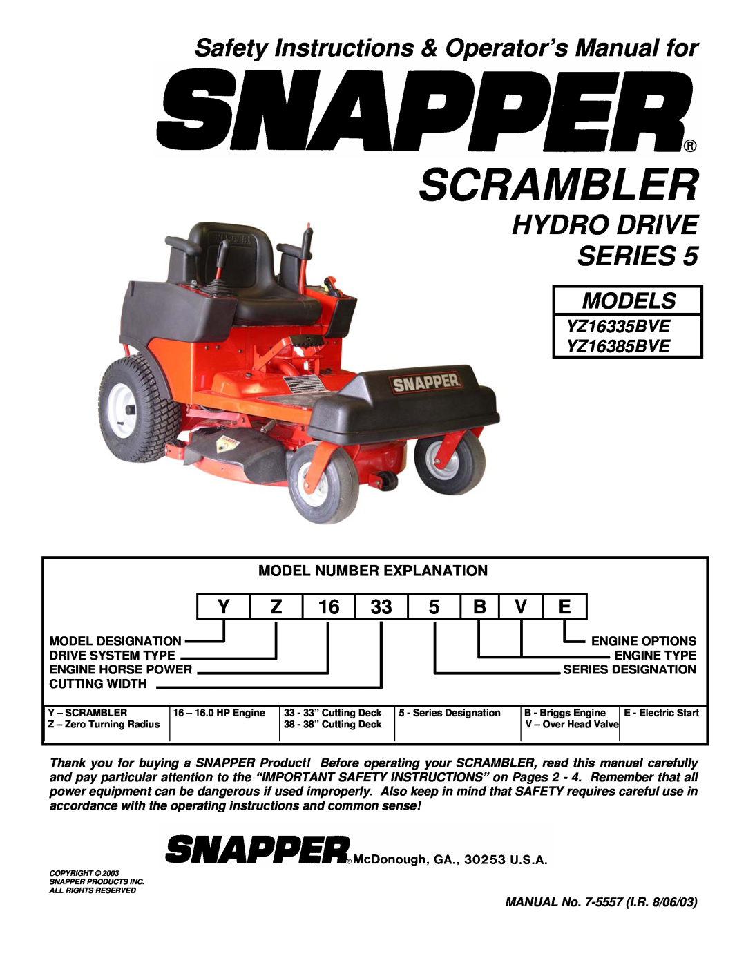 Snapper YZ16385BVE, YZ16385BVE important safety instructions Safety Instructions & Operator’s Manual for, Scrambler 