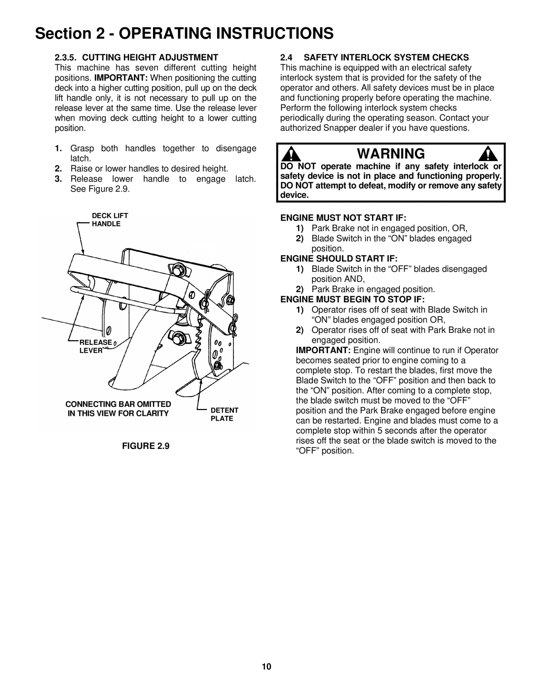 Snapper YZ18386BVE, YZ18386BVE Cutting Height Adjustment, Engine Must not Start if, Engine should Start if 