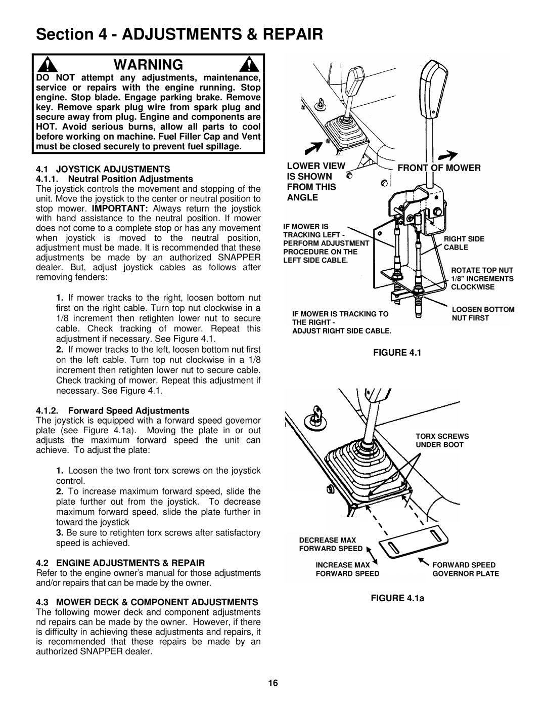 Snapper YZ18386BVE, YZ18386BVE Joystick Adjustments, Neutral Position Adjustments, Forward Speed Adjustments 