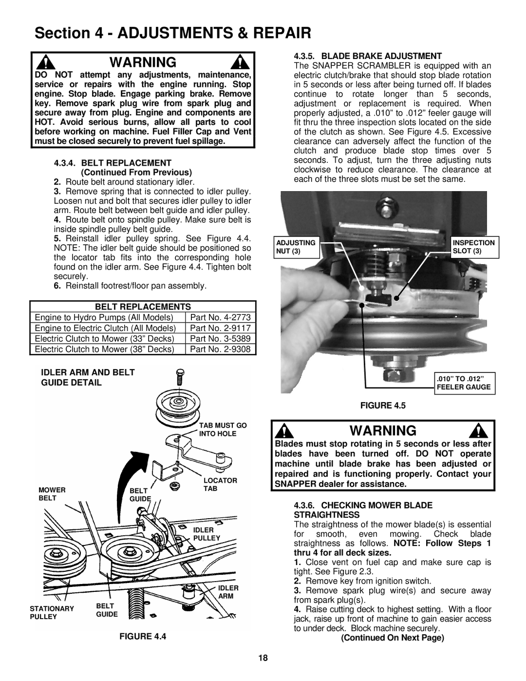 Snapper YZ18386BVE, YZ18386BVE From Previous, Blade Brake Adjustment, Belt Replacements, Idler ARM and Belt Guide Detail 