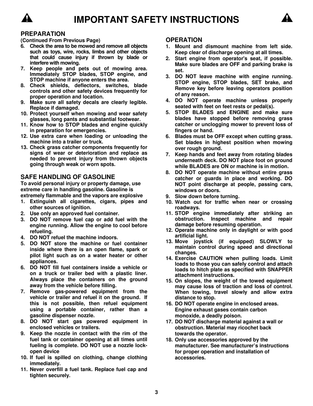 Snapper YZ18336BVE, YZ18386BVE, YZ18386BVE, YZ18386BVE important safety instructions Safe Handling of Gasoline, Operation 