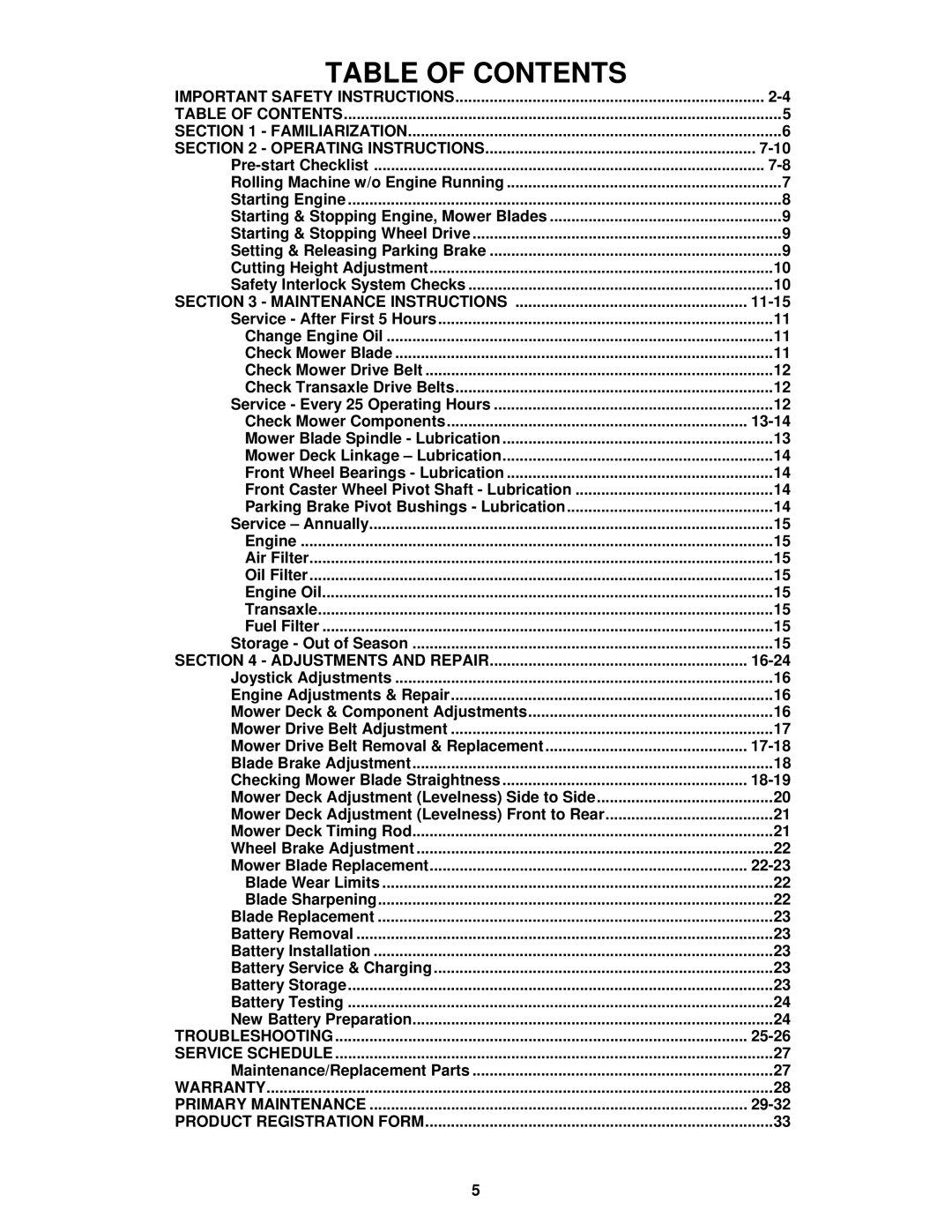 Snapper YZ18336BVE, YZ18386BVE, YZ18386BVE, YZ18386BVE important safety instructions Table of Contents 