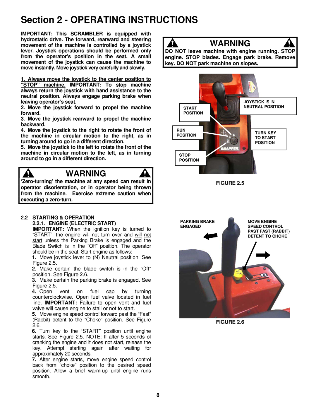 Snapper YZ18386BVE, YZ18386BVE, YZ18336BVE, YZ18386BVE Starting & Operation Engine Electric Start 