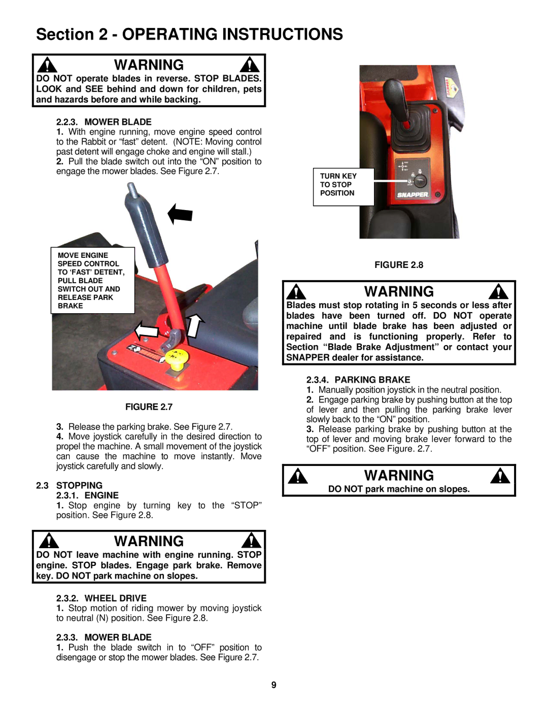 Snapper YZ18336BVE, YZ18386BVE, YZ18386BVE, YZ18386BVE Mower Blade, Stopping, Engine, Parking Brake, Wheel Drive 