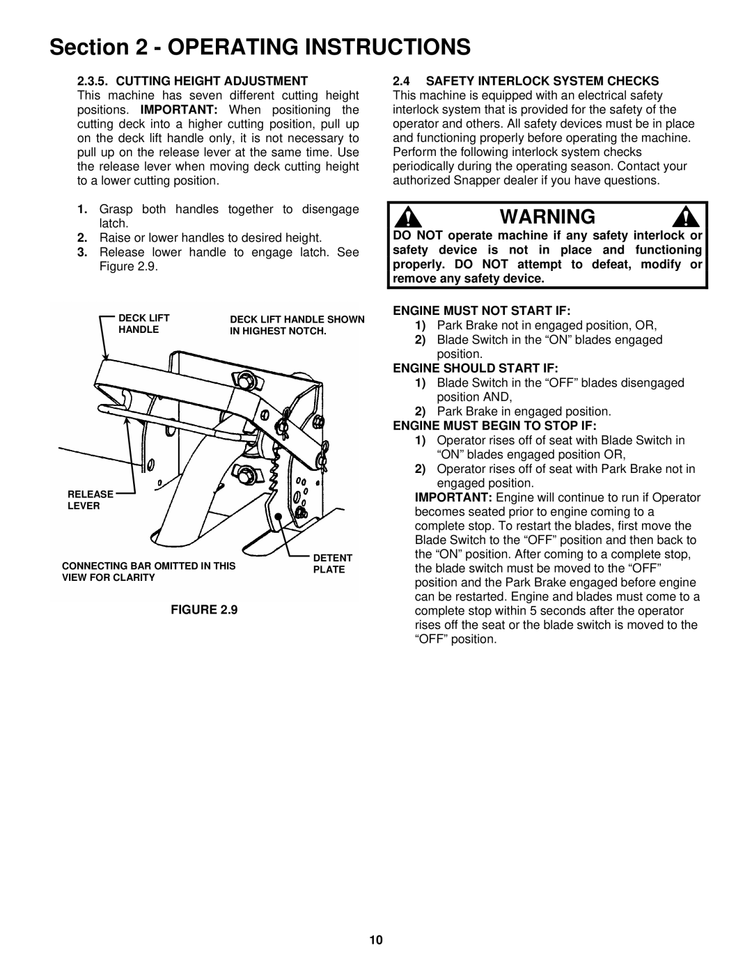 Snapper YZ18425BVE, YZ20485BVE Cutting Height Adjustment, Engine Must not Start if, Engine should Start if 