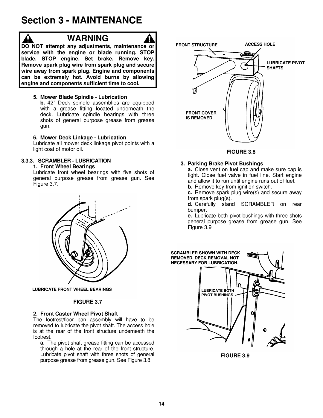 Snapper YZ18425BVE, YZ20485BVE Mower Deck Linkage Lubrication, Scrambler Lubrication, Front Wheel Bearings 