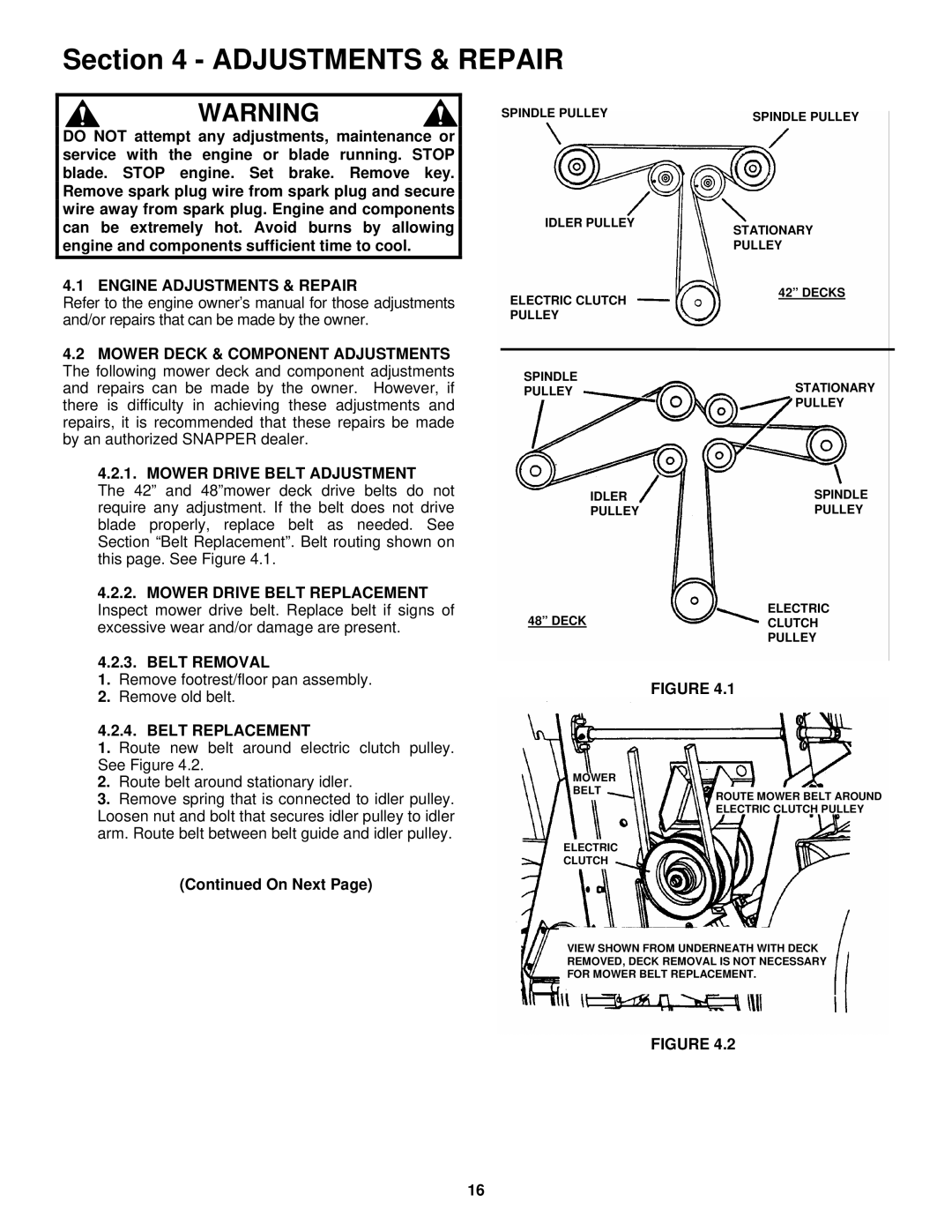 Snapper YZ18425BVE, YZ20485BVE Engine Adjustments & Repair, Mower Drive Belt Adjustment, Belt Removal, Belt Replacement 