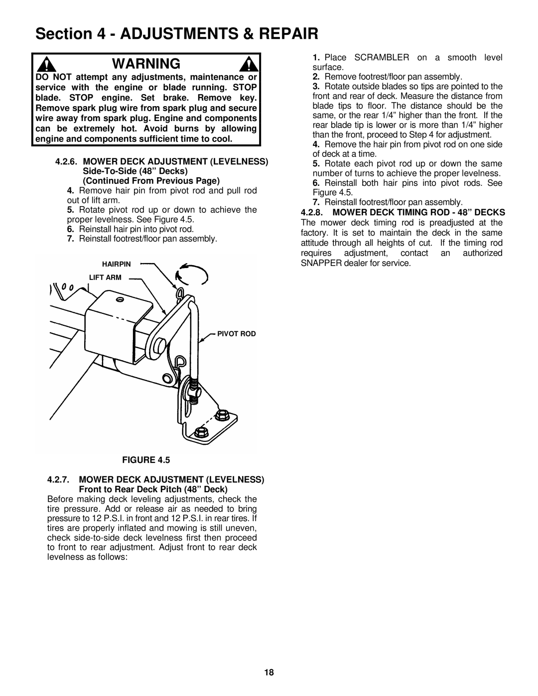 Snapper YZ18425BVE, YZ20485BVE important safety instructions Hairpin Lift ARM 