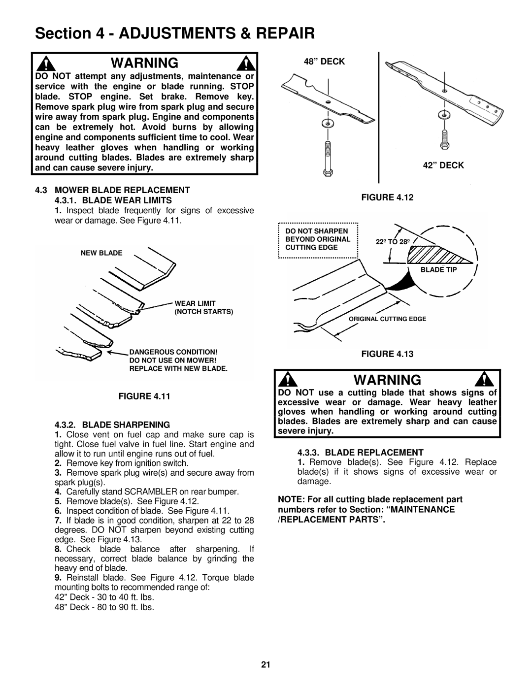 Snapper YZ18425BVE, YZ20485BVE Mower Blade Replacement 4.3.1. Blade Wear Limits, Blade Sharpening, Deck 