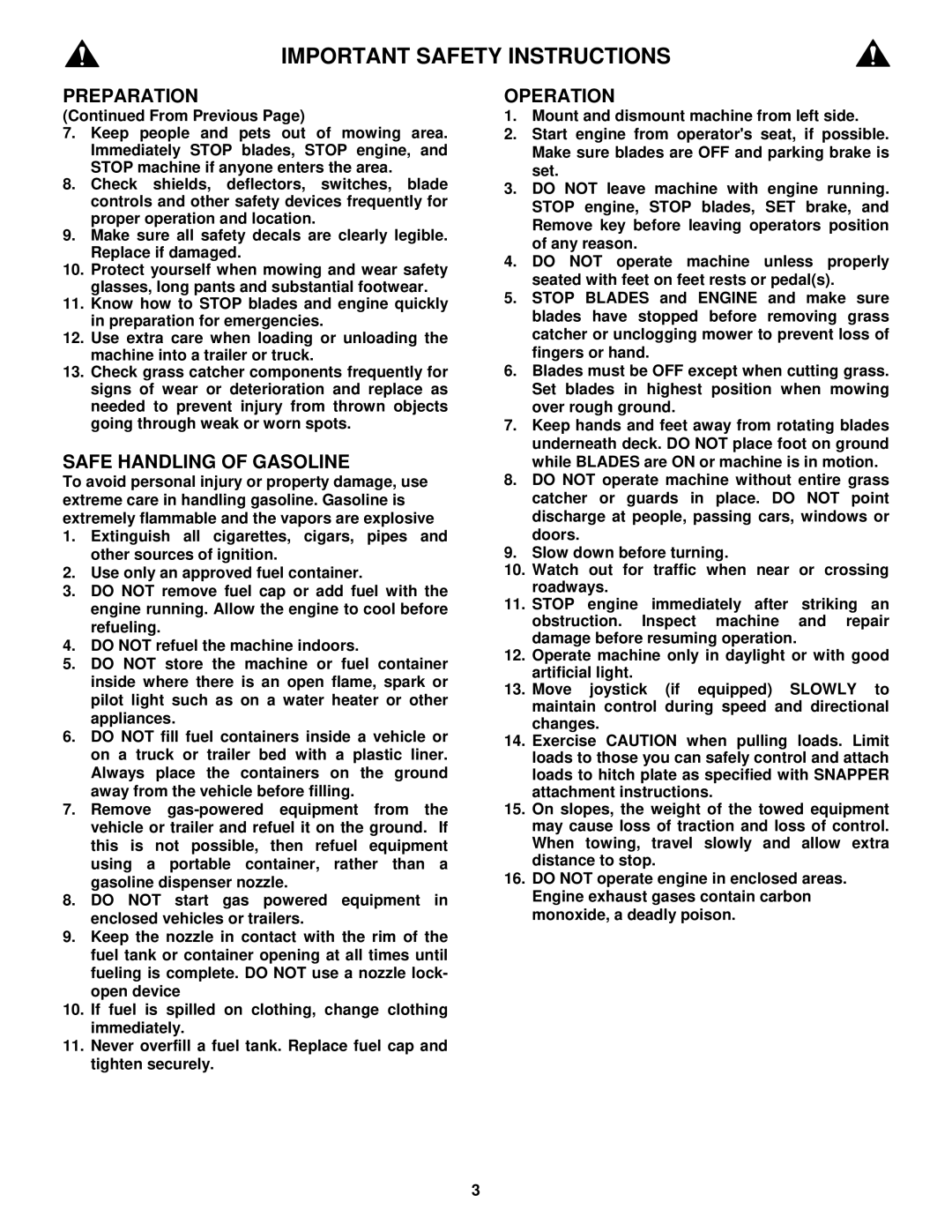 Snapper YZ18425BVE, YZ20485BVE important safety instructions Safe Handling of Gasoline, Operation 