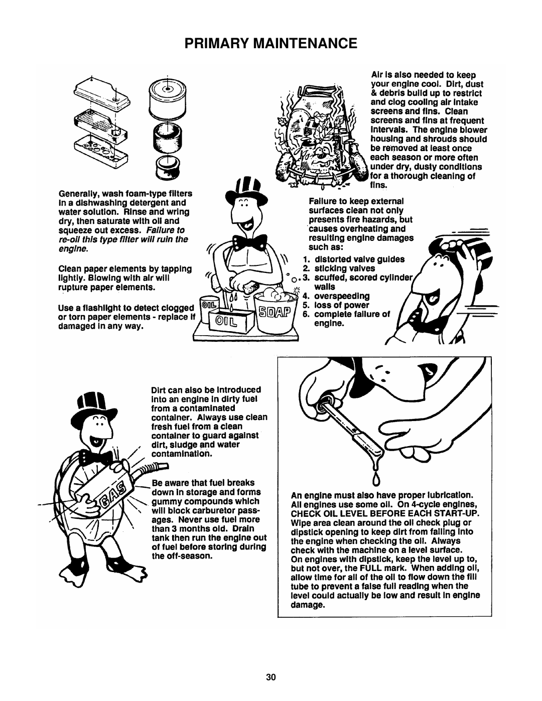 Snapper YZ18425BVE, YZ20485BVE important safety instructions Primary Maintenance 