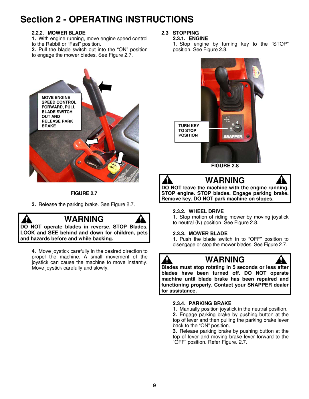 Snapper YZ18425BVE, YZ20485BVE important safety instructions Mower Blade Stopping, Engine, Wheel Drive, Parking Brake 