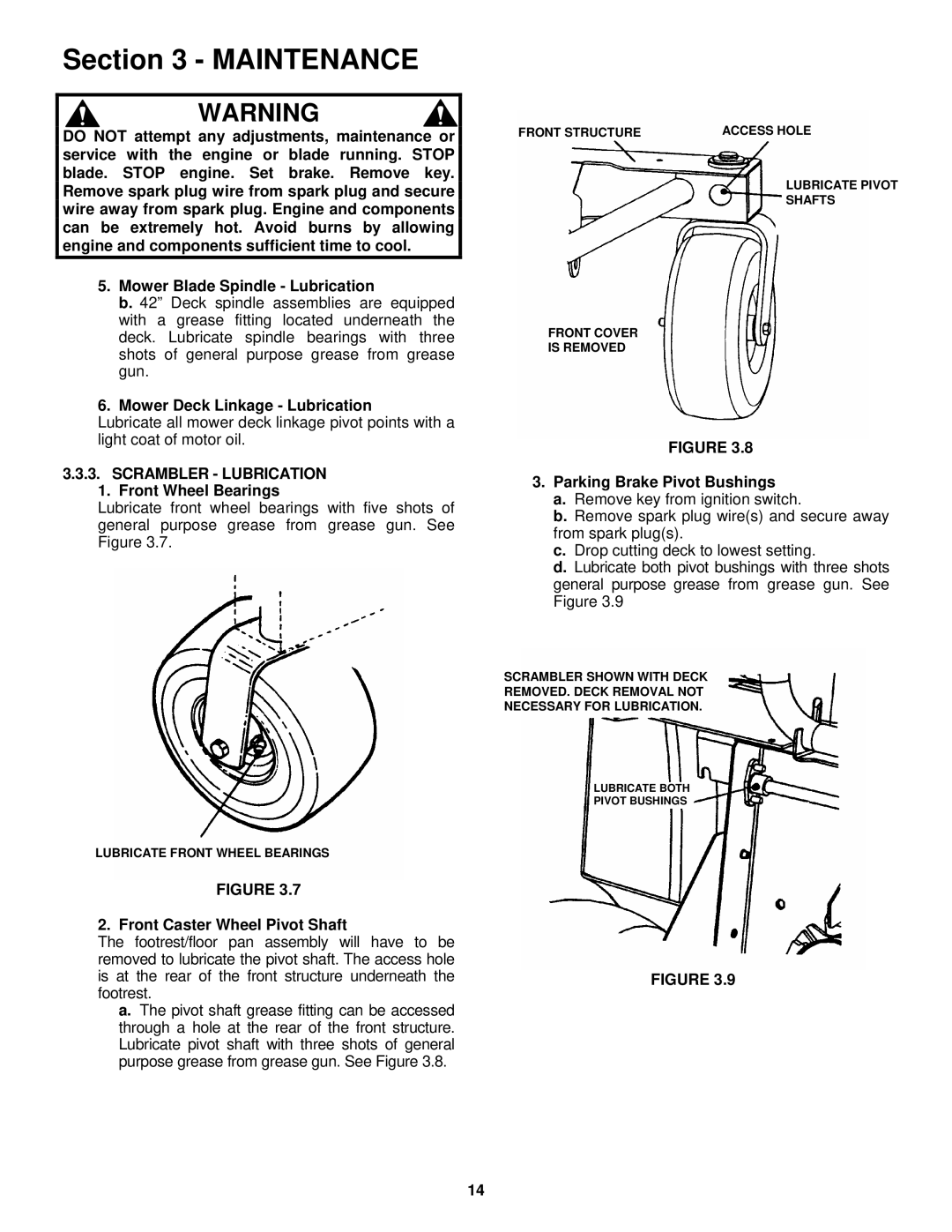 Snapper YZ18426BVE, YZ20486BVE Mower Deck Linkage Lubrication, Scrambler Lubrication, Front Wheel Bearings 