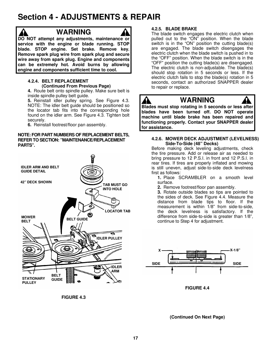 Snapper YZ18426BVE, YZ20486BVE important safety instructions Refer to Section MAINTENANCE/REPLACEMENT Parts, Blade Brake 