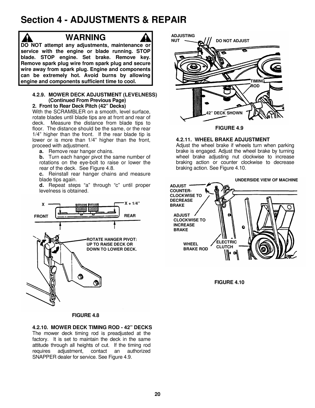 Snapper YZ18426BVE, YZ20486BVE important safety instructions Wheel Brake Adjustment 