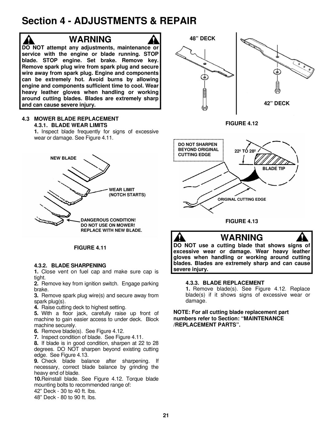 Snapper YZ18426BVE, YZ20486BVE Mower Blade Replacement 4.3.1. Blade Wear Limits, Blade Sharpening, Deck 