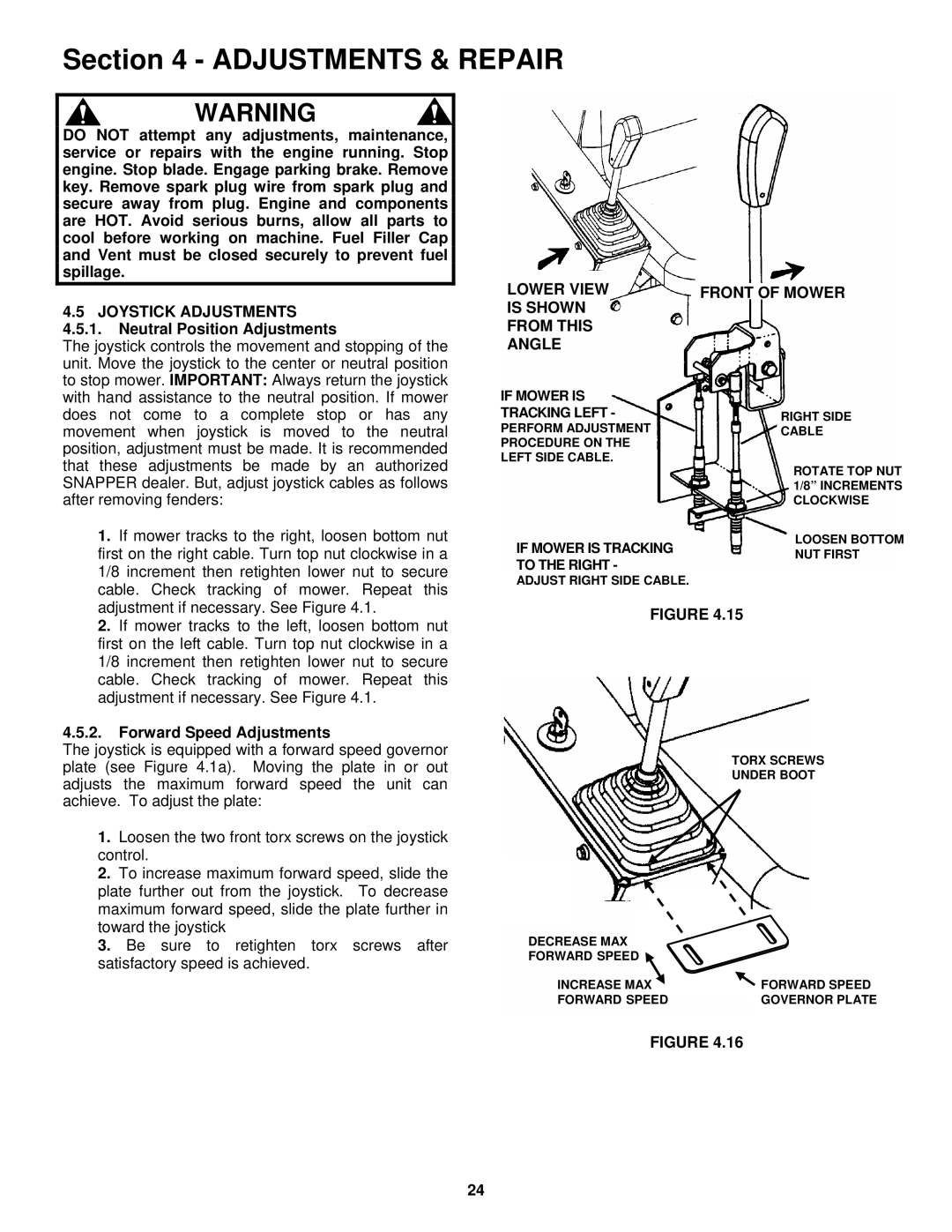 Snapper YZ18426BVE, YZ20486BVE Joystick Adjustments, Neutral Position Adjustments, Forward Speed Adjustments 