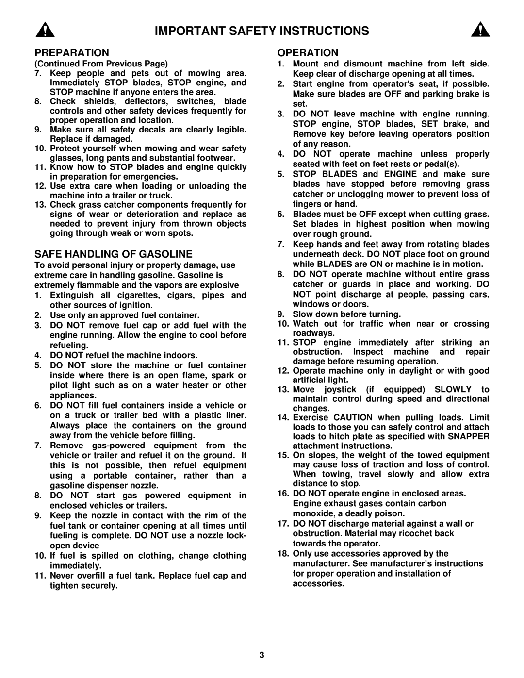 Snapper YZ18426BVE, YZ20486BVE important safety instructions Safe Handling of Gasoline 