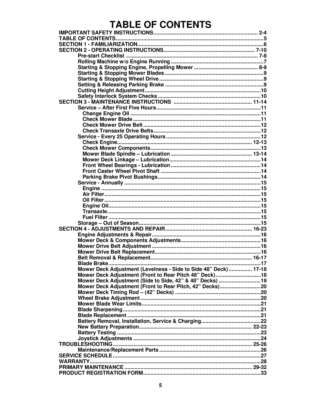 Snapper YZ18426BVE, YZ20486BVE important safety instructions Table of Contents 