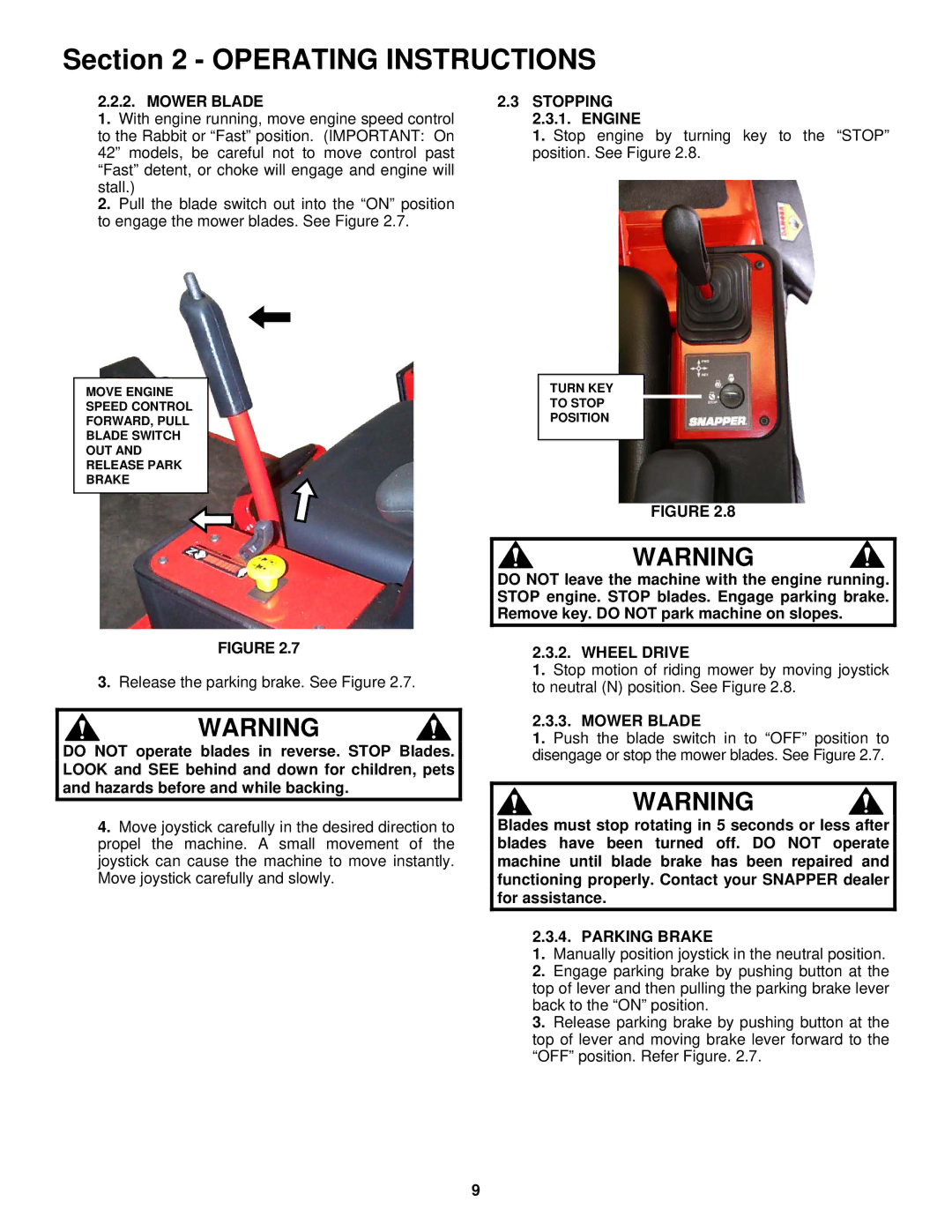 Snapper YZ18426BVE, YZ20486BVE important safety instructions Mower Blade Stopping, Engine, Wheel Drive, Parking Brake 