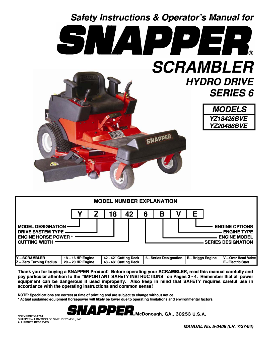Snapper YZ18426BVE, YZ20486BVE important safety instructions Safety Instructions & Operator’s Manual for, Scrambler 