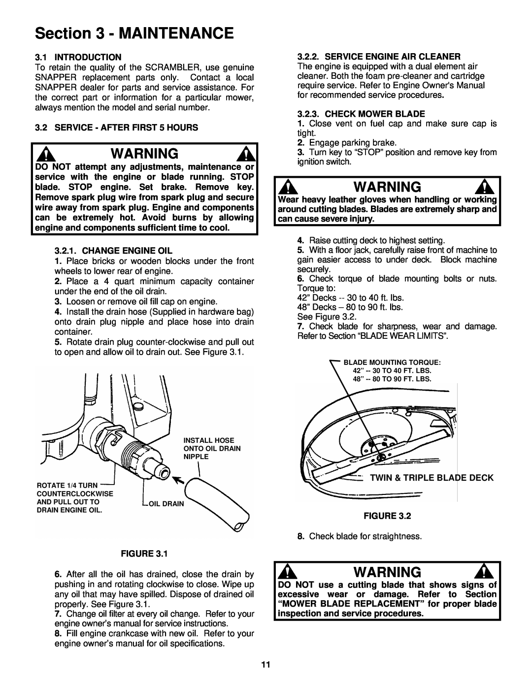 Snapper YZ18426BVE, YZ20486BVE important safety instructions Maintenance 