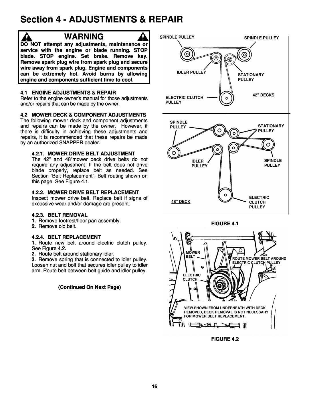 Snapper YZ18426BVE, YZ20486BVE important safety instructions Adjustments & Repair 