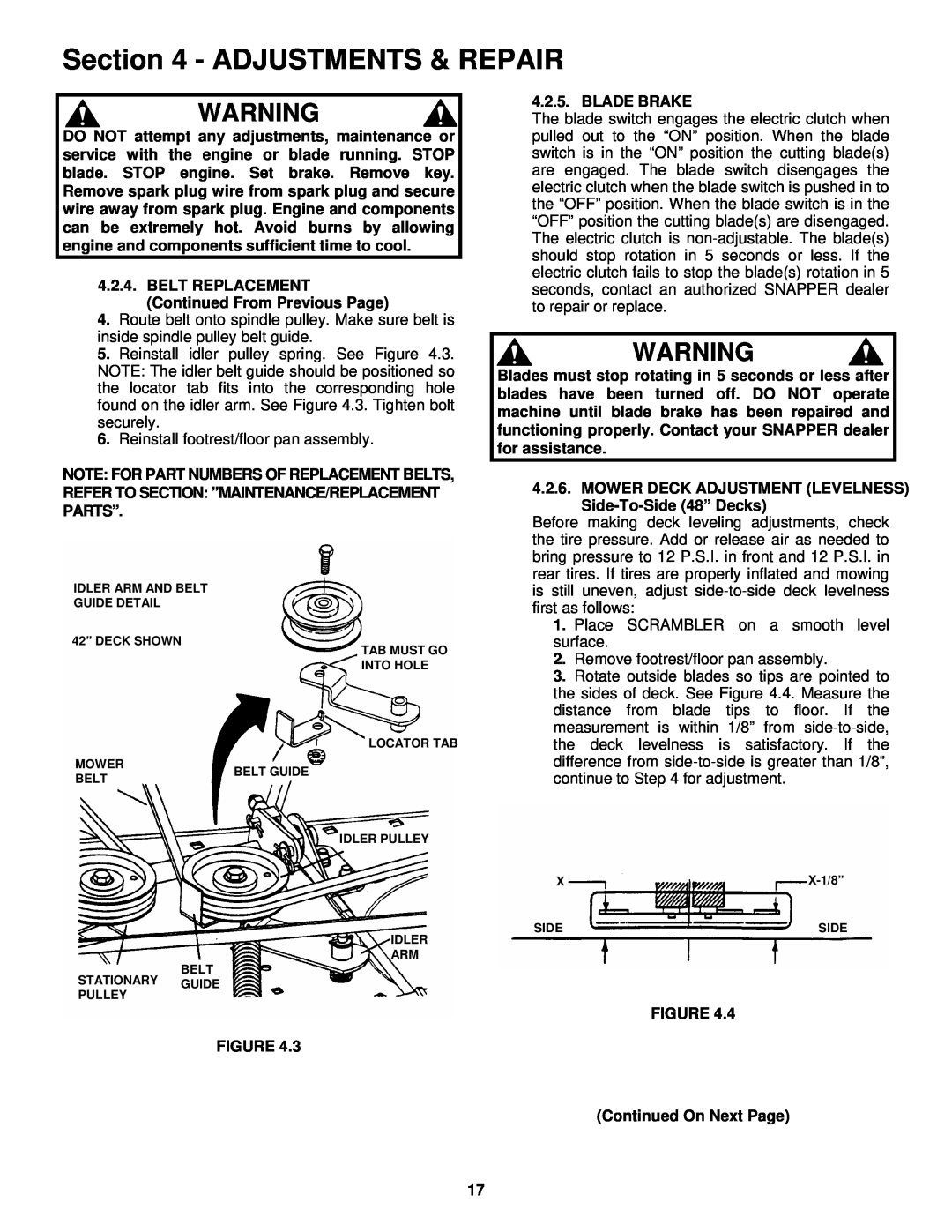 Snapper YZ18426BVE, YZ20486BVE important safety instructions Adjustments & Repair, Reinstall footrest/floor pan assembly 