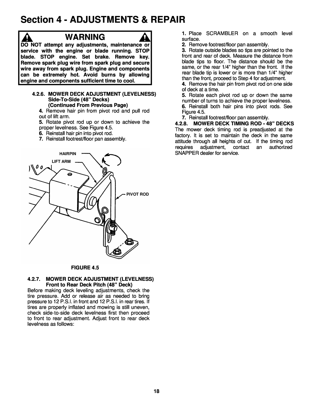 Snapper YZ18426BVE, YZ20486BVE important safety instructions Adjustments & Repair, Hairpin Lift Arm, Pivot Rod 