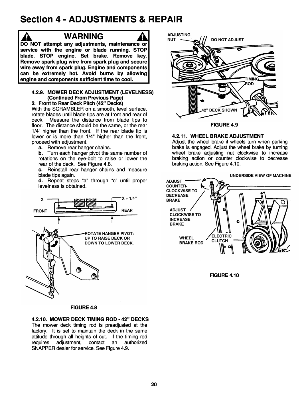 Snapper YZ18426BVE, YZ20486BVE important safety instructions Adjustments & Repair, a. Remove rear hanger chains 