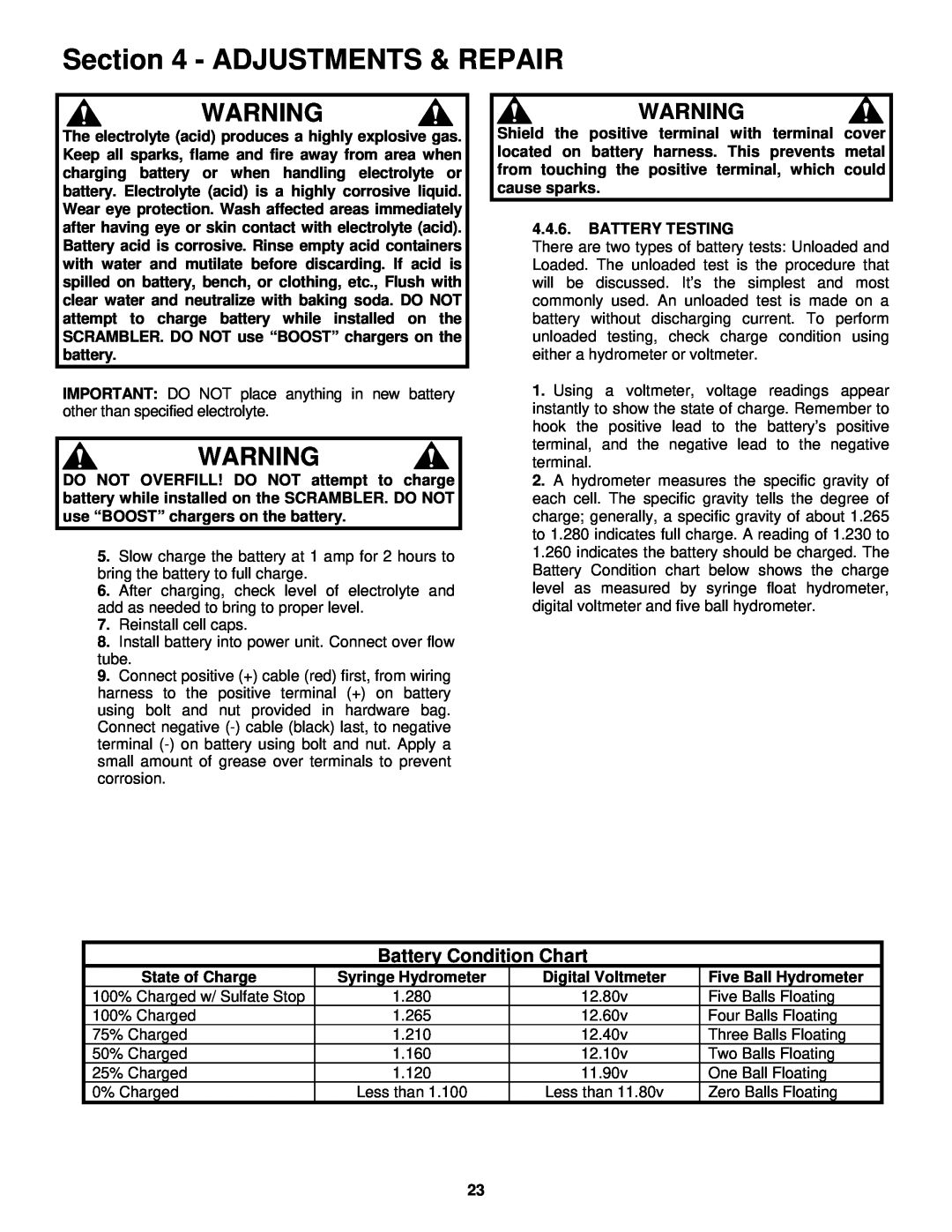 Snapper YZ18426BVE, YZ20486BVE important safety instructions Adjustments & Repair, Battery Condition Chart 