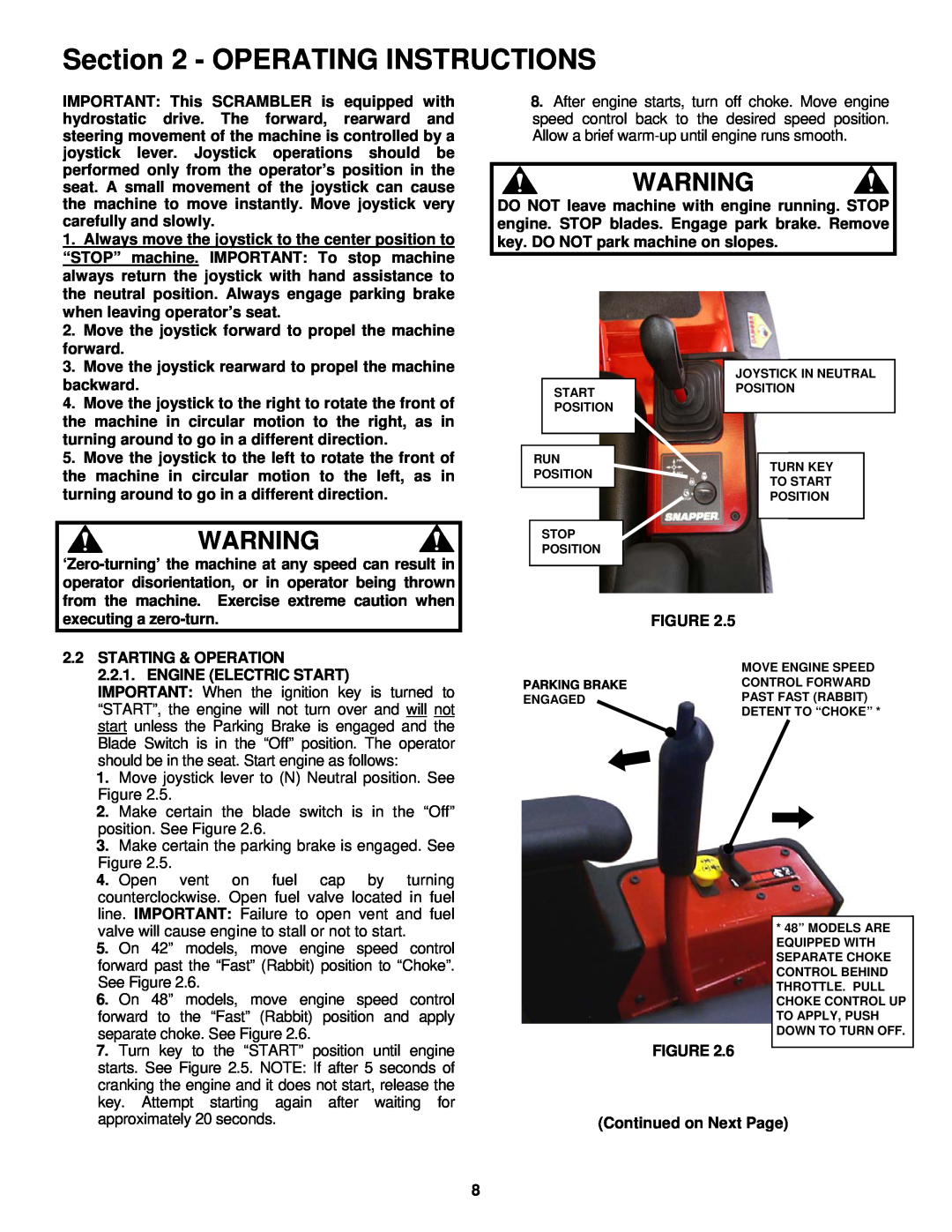 Snapper YZ18426BVE, YZ20486BVE Operating Instructions, Move joystick lever to N Neutral position. See Figure 