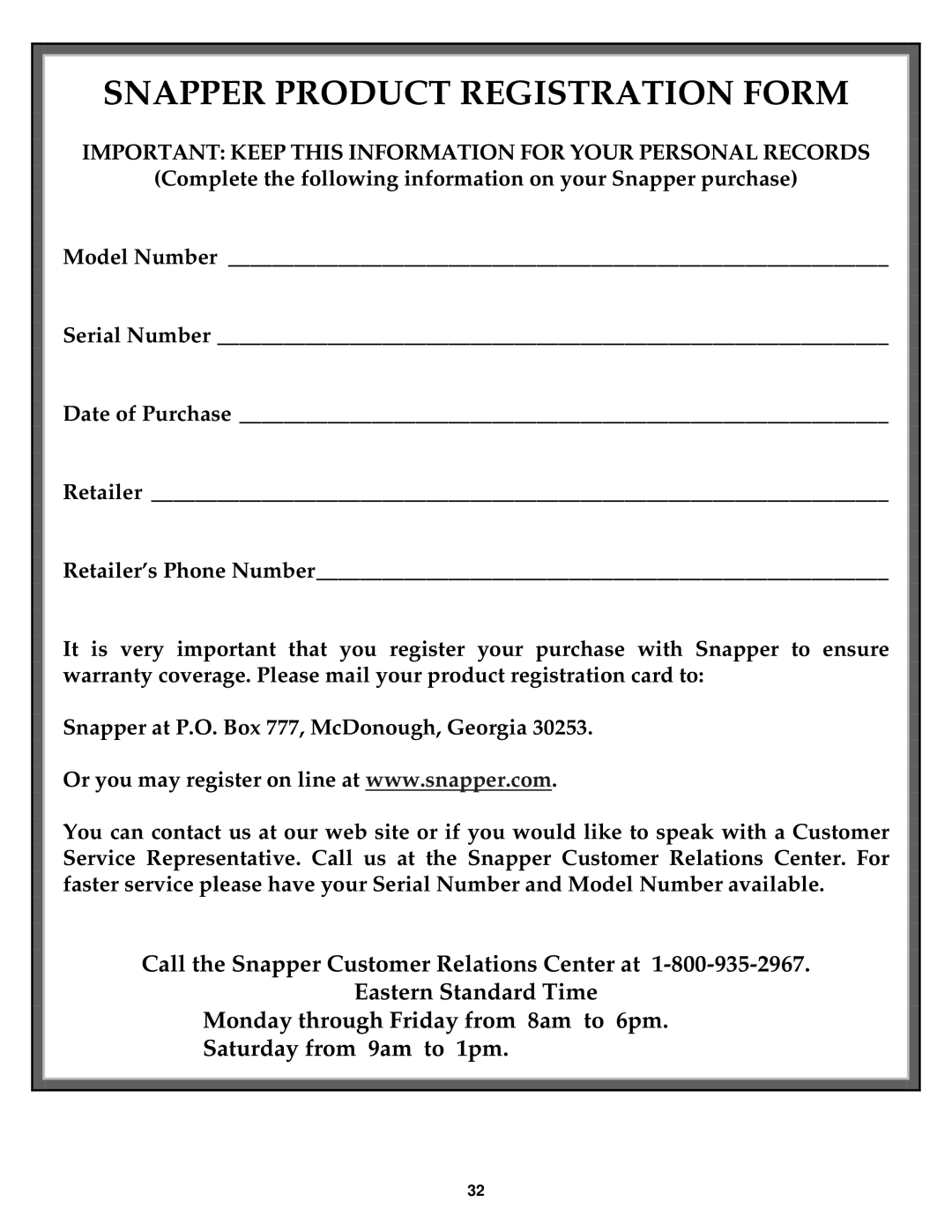 Snapper YZ16424BVE, YZ20484BVE, YZ20484BVE, YZ16424BVE important safety instructions Snapper Product Registration Form 