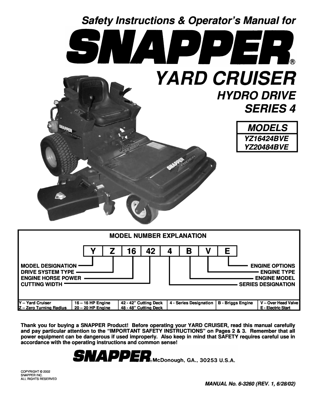 Snapper YZ16424BVE, YZ20484BVE important safety instructions Safety Instructions & Operator’s Manual for, Yard Cruiser 