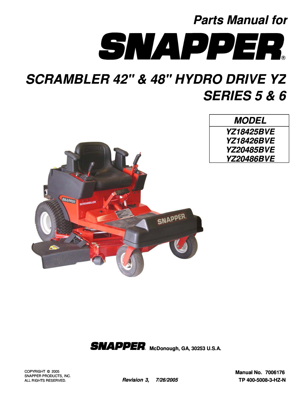 Snapper YZ18426BVE manual Parts Manual for, SCRAMBLER 42 & 48 HYDRO DRIVE YZ SERIES, Model, McDonough, GA, 30253 U.S.A 