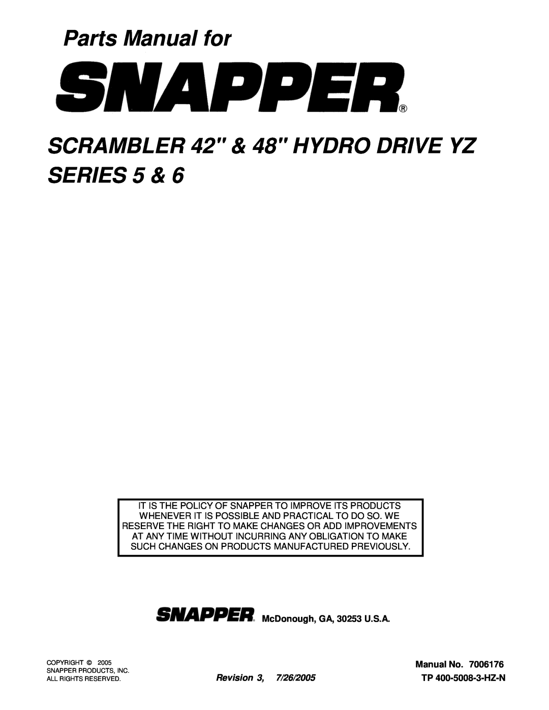 Snapper YZ20485BVE manual Parts Manual for SCRAMBLER 42 & 48 HYDRO DRIVE YZ SERIES 5, McDonough, GA, 30253 U.S.A, Manual No 