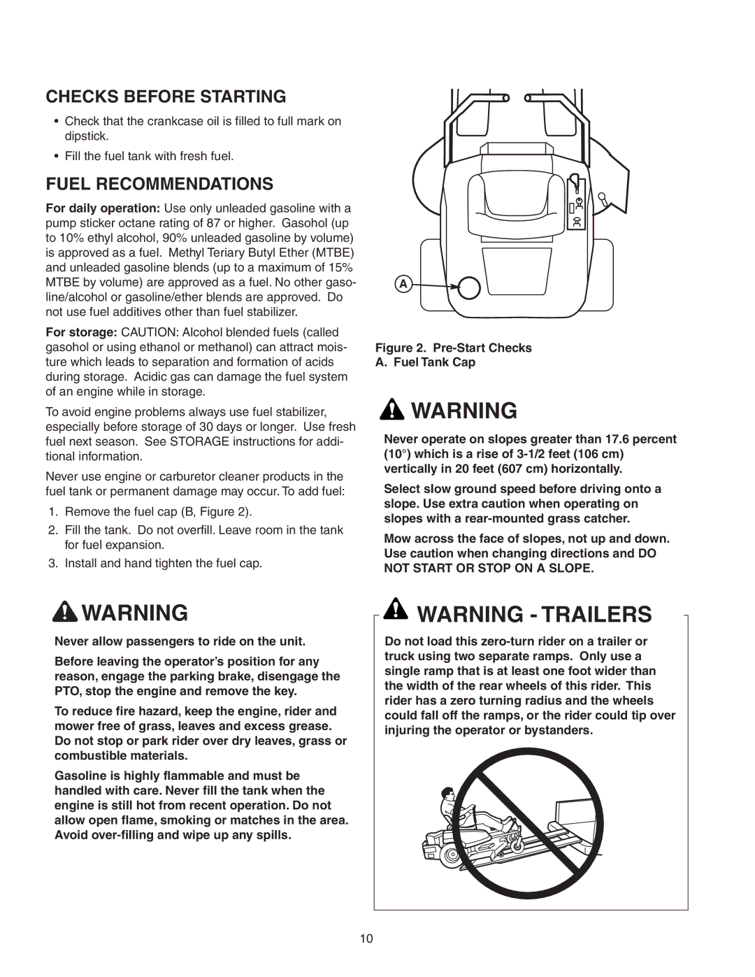 Snapper Z-Mow / 150Z manual Checks Before Starting, Fuel Recommendations 